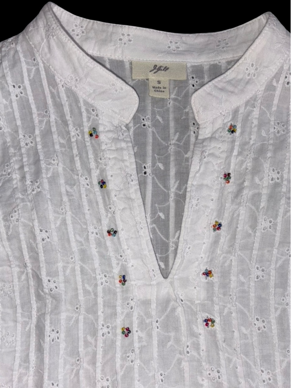 J. Jill White Eyelet Tunic Top Small Cotton Boho Embroidered Beaded Cottagecore - Picture 3 of 13
